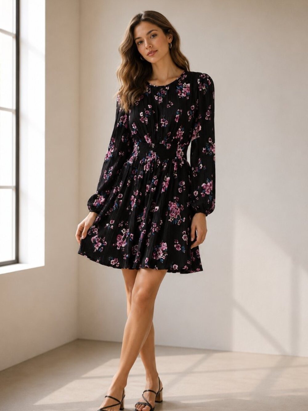 Leith Black Floral Pleated Mini Dress XS Smocked Waist Romantic Cottagecore 0488